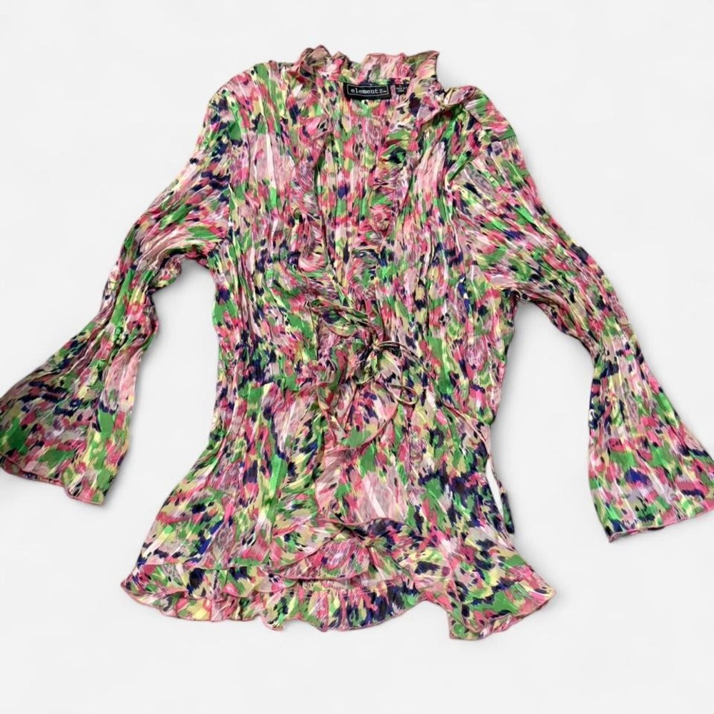 Elementz Womens Abstract Print Ruffle Tie Front Plissé Blouse Pink Green L